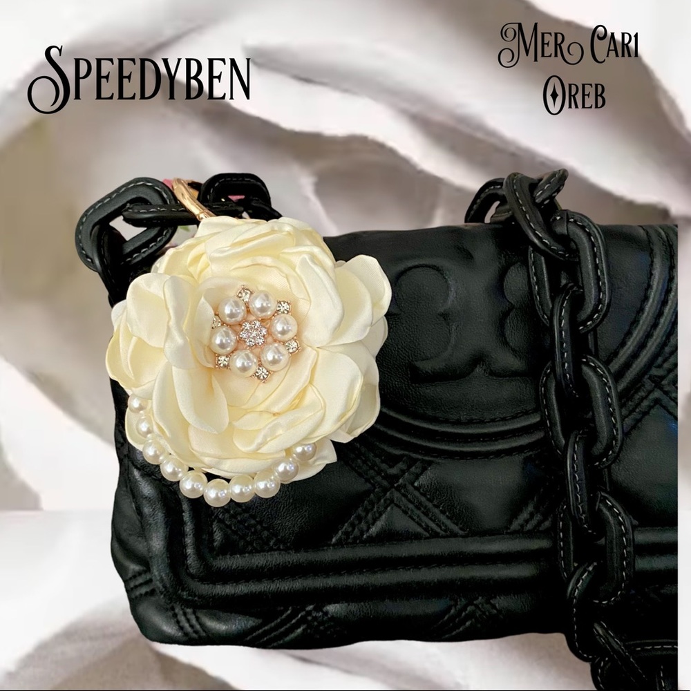 Cream Satin Floral Pearl Bag Charm/Keychain